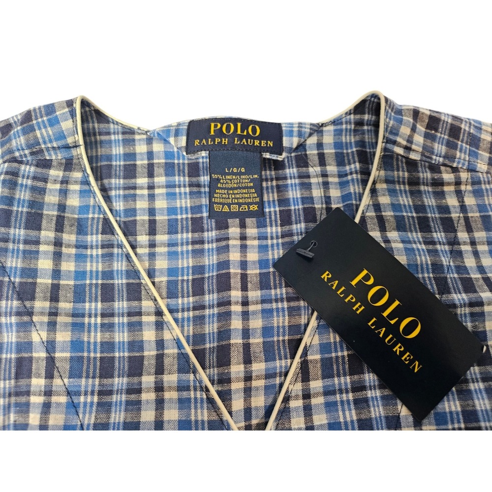 Polo Ralph Lauren Sleep Shirt Men L Blue NWT Linen Cotton Plaid Pajama Top